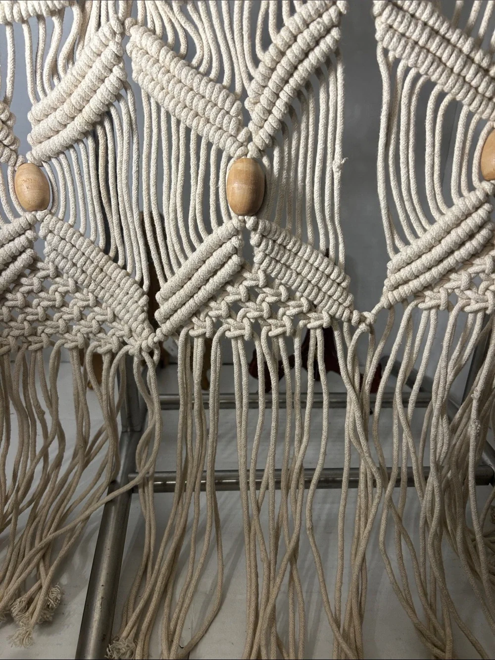 Handcrafted Cream Macrame Wall Hanging with Wood Beads